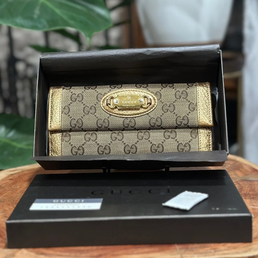 Gucci GG Canvas Metallic Gold Continental Wallet w/ Box and Unbranded Chain - Picture 11 of 12